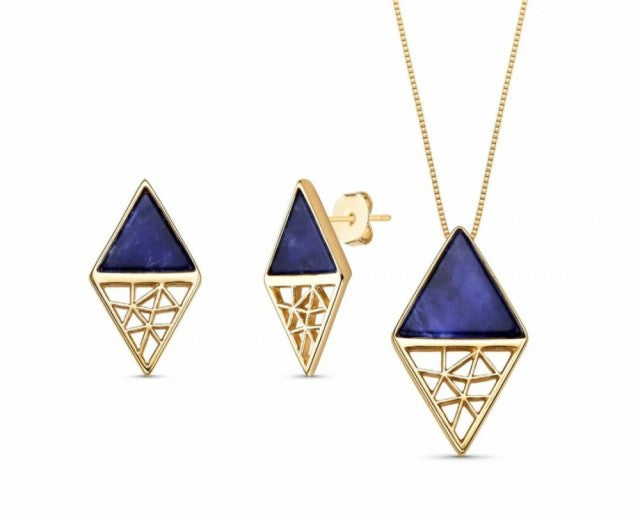 2025 Brazil Gem Double Triangles 18K Gold Plated Necklace & Earring Set w/ Natural Blue Sodalite Gemstones