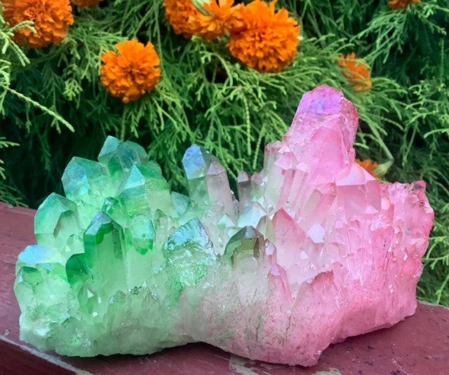 Aura Kvarts Cluster , Pink & Green Xlarge, ca. 360 gram, ca. 15x10cm