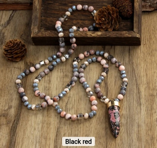 Nye 2025 Bohemian Style Rhodocrosite Quartz & Decor Triple Row - Single Langt Kjede m/Point Anheng