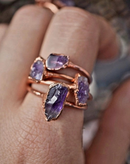 Ny, hÅndlaget rustik Art Deco Ametyst Electroplated ROSE Copper Ring