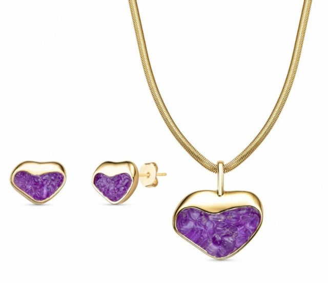 New 2025 Brazil Gem Ametyst Heart Shape Necklace & Earring Set 18K Gold Plated