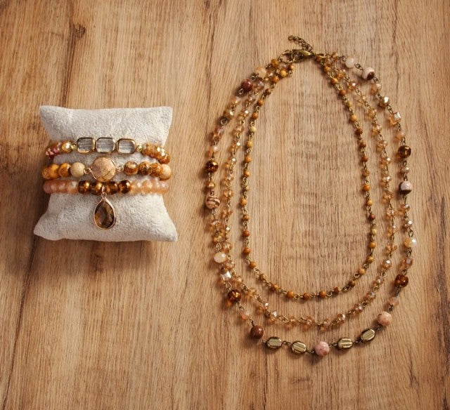 Nye 2025 Bohemian JASPER ZEBRA AGATE Design Smykkesett, Triple Row Kjede og fleksibel armbÅnd