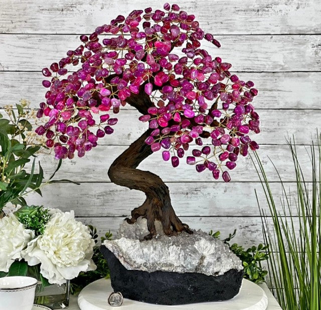 Vakre og eksklusive Feng Shui - Bonsai Lykketrær m/ ekte Pink Agat krystaller og Ametyst Clusterfot, 52cm høy, 11kg