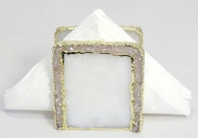 HÅndlagede 12mm Hvit AGAT m/Rose Quartz Decor serviettholder med gullbelagt kant ( Gold Electroplated ), ca. 20 serviett