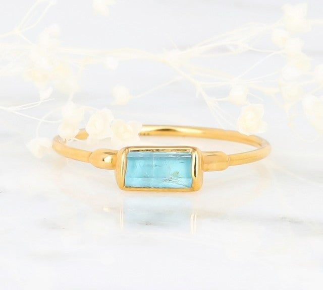 Ny, hÅndlaget rustik ART DECO Aquamarine " Baguette " Stone Ring, Gold, Rosegold, Silver