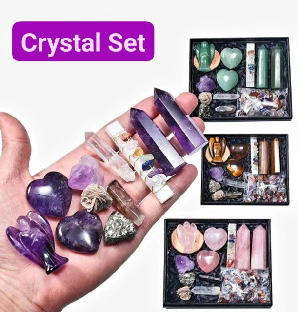 Nytt Clear Quartz Krystallsett ( 2 stk. TÅrn, 2 Hjerter, 1 Engel, Ametyst Cluster, Selenitt stav, rÅkrystaller, Chips
