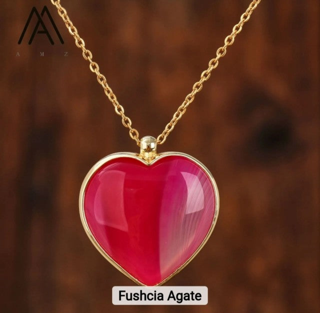 Large Agate Fushcia Heart 25mm Designkjede , Gold Electroplated
