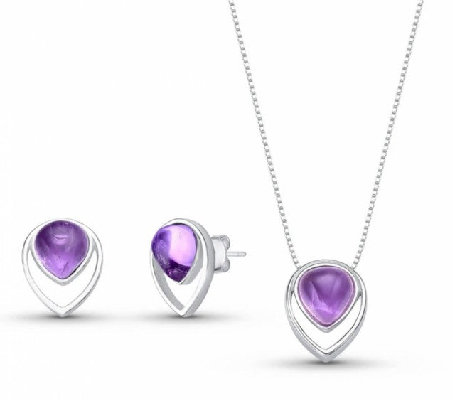 Brazil Gem 2025 - 925s Sterling Silver Inverted Teardrop Necklace & Earring Set w/ Natural Ametyst Gemstone