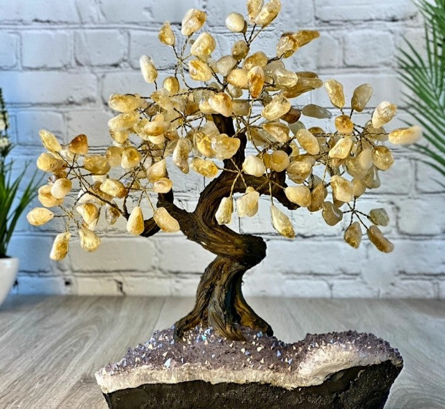 Vakre og eksklusive Feng Shui - Bonsai Lykketrær m/ ekte krystaller og Ametyst Clusterfot, ca. 35cm høy, Citrin, ca. 6 k