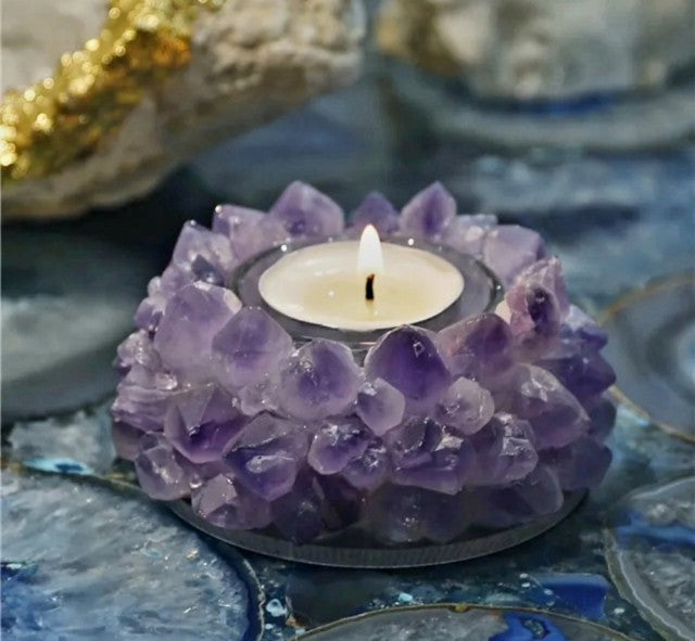 Ametyst Cluster rÅkrystalldekorasjon m/innvendig glass til Telys , 10cm