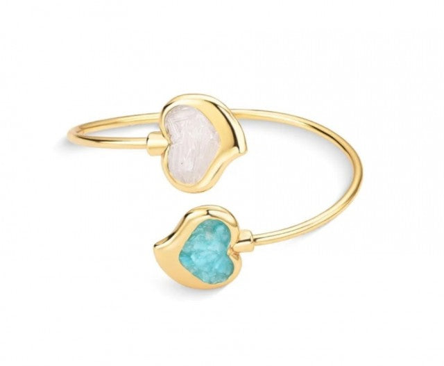 New 2025 Brazil Gem Heart Shaped Cuff Style 18K Gold Plated Bracelet w/ Natural Selenite + Amazonite