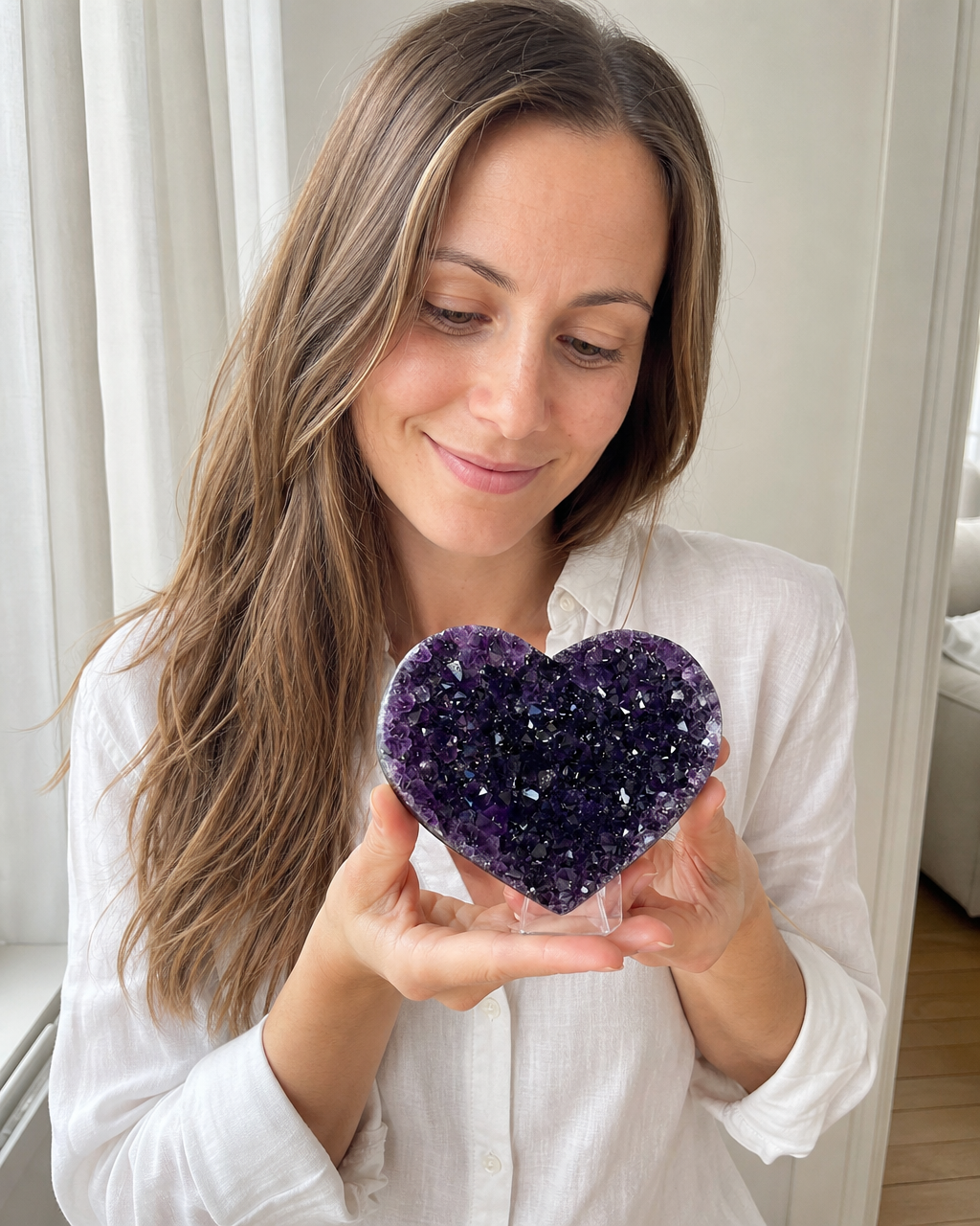 Månedens Utvalgte / Uruguay Amethyst & Blue Agate Stone Heart, Unique Piece, ca. 500gram - 12cm m/stand