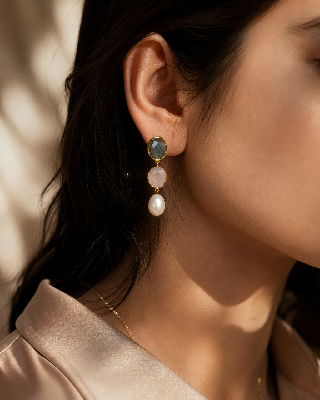 CILA " Nadja " Long Design Rose Quartz, Labradorite, Pearl Stud Earrings , 18K Goldplated
