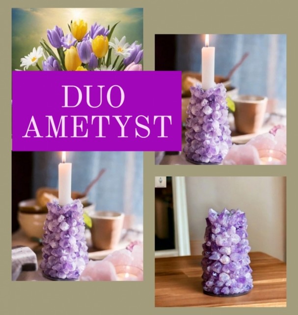 Ny eksklusiv Ametystpakke med 2 stk håndlagede Ametyst Lysestaker m/råkrystall
