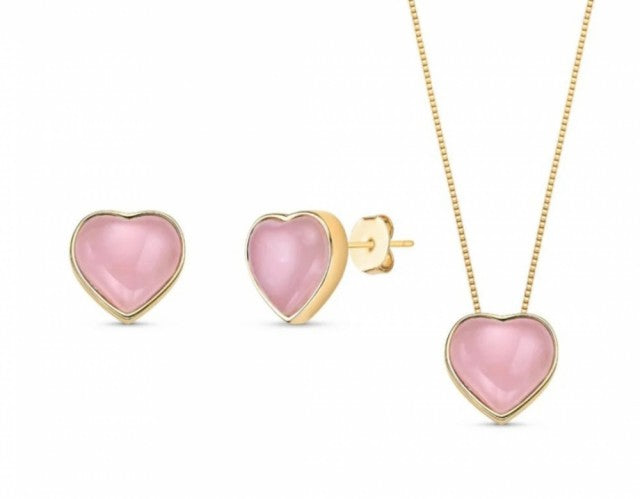 New 2025 Brazil Gem Rose Quartz Heart Shape 18k Gold Plated Necklace & Earring Set