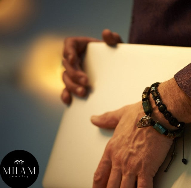 Trendy og Exclusivt Shambhala ArmbÅnd, SNAKEHEAD - Strength • Apatite, Bronzite, Ruby in Zoisite, - unisex , Justerbar