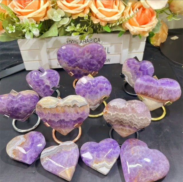 Supervakre, store ( 70-80mm ) Mexican Ametyst & Agate Hearts inkl. golden stand