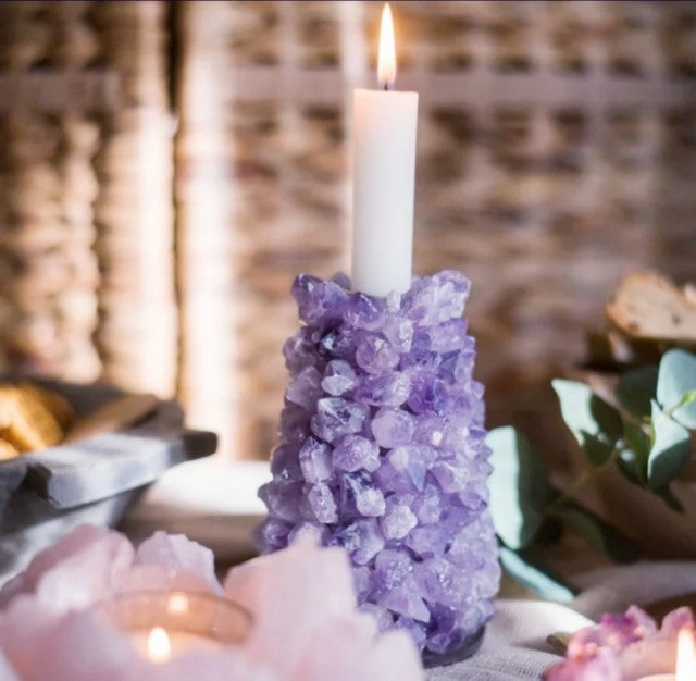 Vakker hÅndlaget RÅ Ametyst Lysestake, ca. 13cm høye