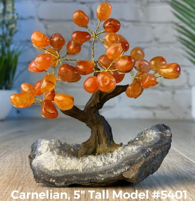 Vakre og eksklusive Feng Shui - Bonsai Lykketrær m/ ekte krystaller og Ametyst Clusterfot, ca. 12cm høy, Karneol