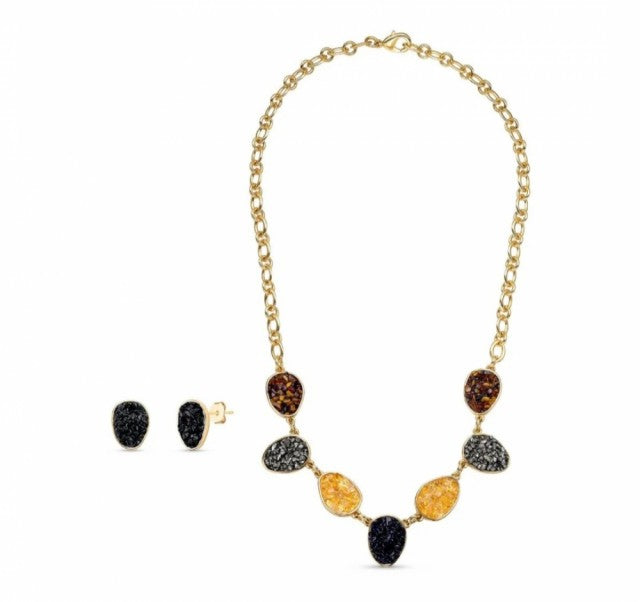 New 2025 Brazil Gem 7-Stone Black Tourmaline + Citrine + Pyrite + Tiger's Eye, Gold Plated Riviera Necklace & Earring Se