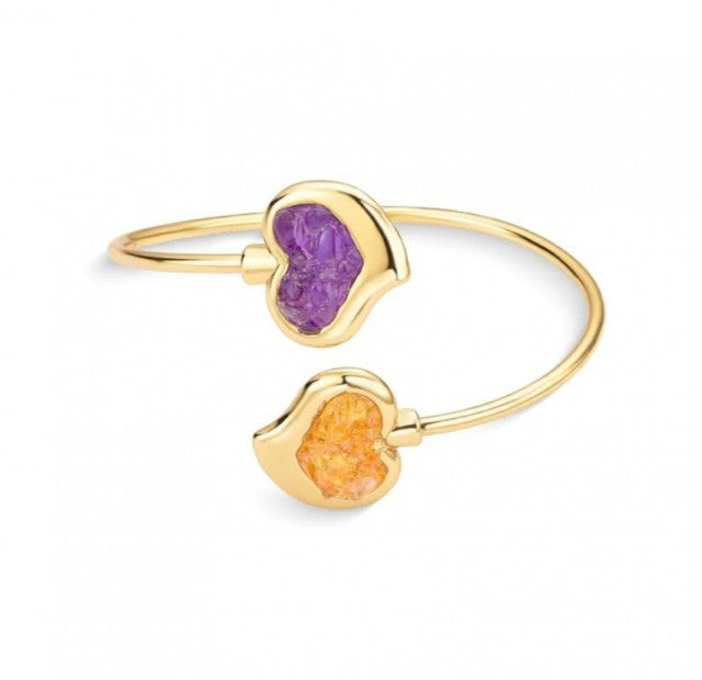 New 2025 Brazil Gem Heart Shaped Cuff Style 18K Gold Plated Bracelet w/ Natural Amethyst + Citrine