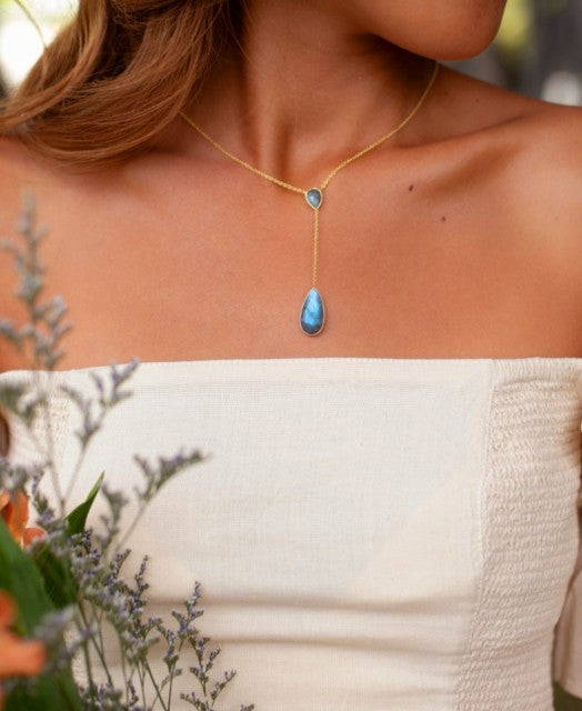 Nytt og vakkert Labradorite kjede med Labradorite drop anheng, 18K Gold Plated