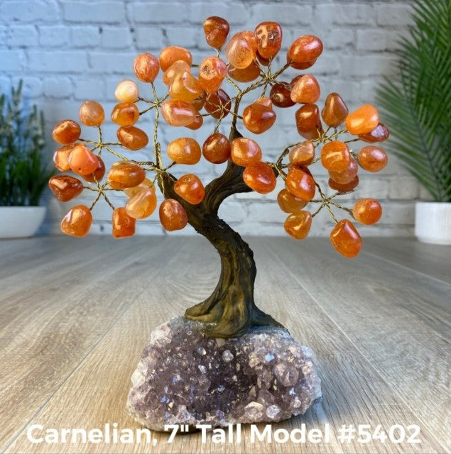 Vakre og eksklusive Feng Shui - Bonsai Lykketrær m/ ekte krystaller og Ametyst Clusterfot, ca. 17cm høy, Karneol