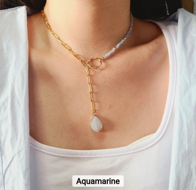 Natural Gemstone Aquamarine Teardrop Shape Lariat Necklace, Gold Plated