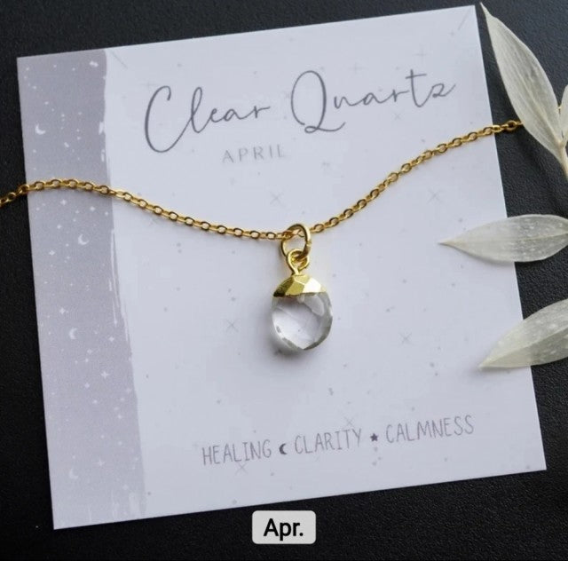 Nytt OVAL Birthstone Designkjede, Gold Electroplated, April - Clear Quartz, 8x14mm