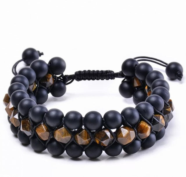 Nye Merkaba 3 rader Gyllen Tigerøye armbÅnd med onyx, justerbare