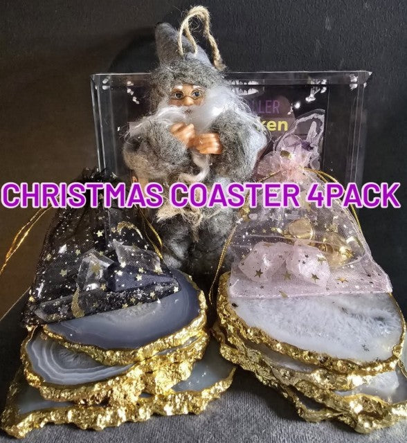 KAMPANJE / Supervakre Brazilian Agate Coaster Sett, Gold Electroplated ( 4 stk. ) White Salt eller Grey - White Farge !