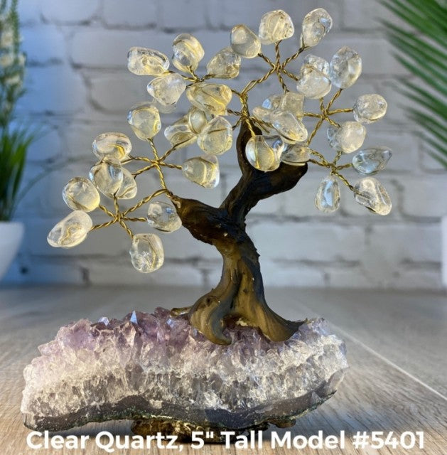 Vakre og eksklusive Feng Shui - Bonsai Lykketrær m/ ekte krystaller og Ametyst Clusterfot, ca. 12cm høy, Klar Kvarts