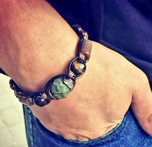 Trendy og Exclusivt Shambhala ArmbÅnd, Lavasten ( 14mm Grønn ), Botswana Agat, Tigerøye, Jasper, Rhyolite og Hematitt ,