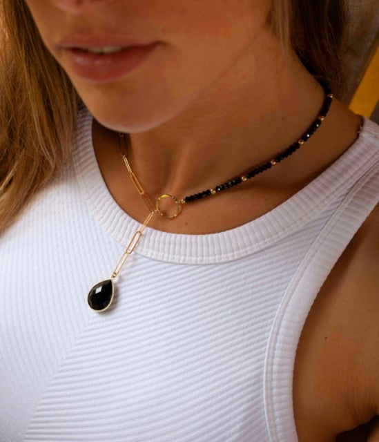 Natural Gemstone Black Onyx Teardrop Shape Lariat Necklace, Gold Plated
