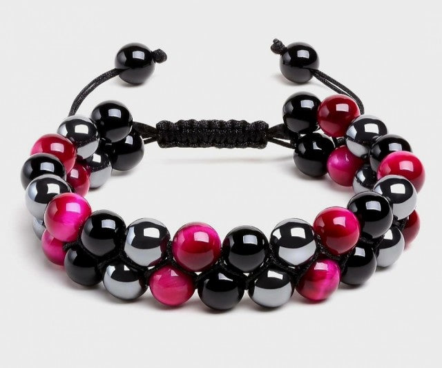Nye Merkaba 2 rader Pink Tigerøye armbÅnd og sort onyx og hematitt, justerbare, 8mm kuler