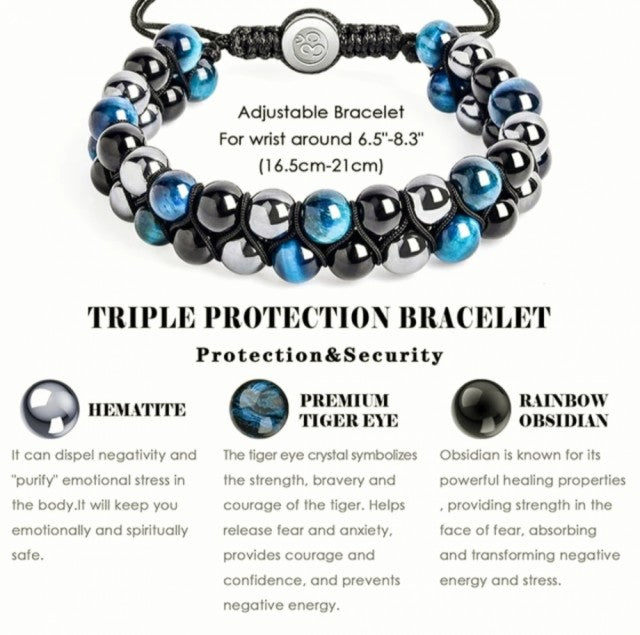 Nye Merkaba 2 rader BlÅturkis Tigerøye armbÅnd, sort onyx og hematitt, justerbare, 8mm kuler