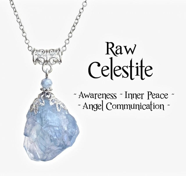 Nye, hÅndlagede Raw Celestite Stone (Awareness, Inner Peace, Angelic Communication) Anheng m/kjede