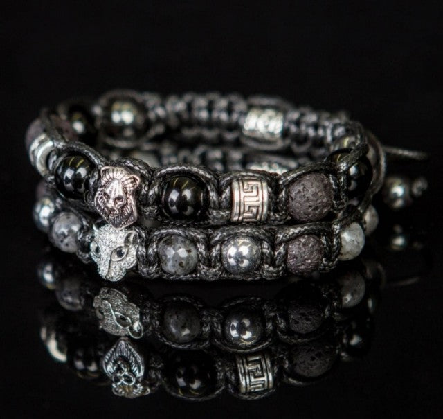 Trendy og Exclusivt Shambhala Panther ArmbÅnd Set ( DUO ) , Larvikite, Black Onyx, Lava Rock, Hematite, unisex og