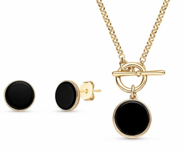 New 2025 Brazil Gem Black AGATE Round Cabochons 18k Gold Plated Necklace & Earring Set