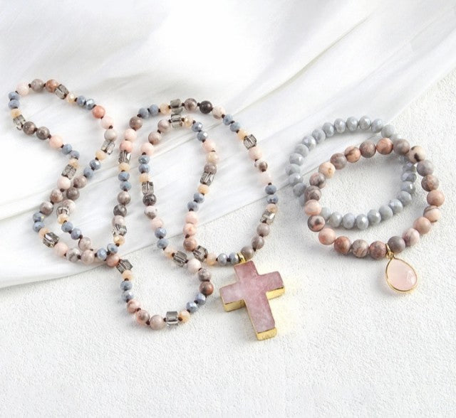 Nye 2025 Bohemian ROSE QUARTZ Design Smykkesett, Single Row Langt MALA Kjede og Dual Flexible armbÅnd