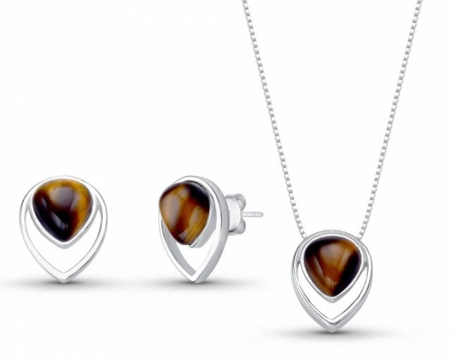 Brazil Gem 2025 - 925s Sterling Silver Inverted Teardrop Necklace & Earring Set w/ Natural Tigers Eye Gemstone