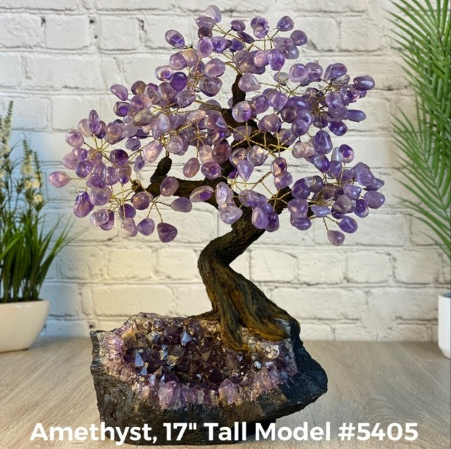 Vakre og eksklusive Feng Shui - Bonsai Lykketrær m/ ekte krystaller og Ametyst Clusterfot, ca. 43cm høy, Ametyst, 8kg
