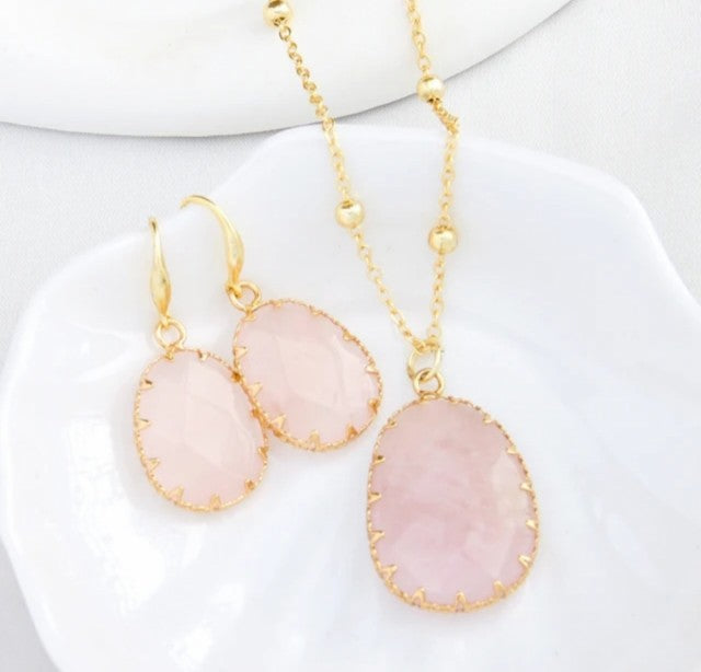Nye 2025 Design Smykkesett ( Kjede, øredobber ), Rose Quartz