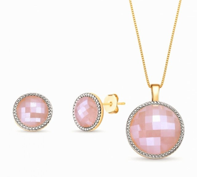 New 2025 Brazil Gem Rose Quartz Faceted & Pearlized 18K Gold Plated Necklace & Earring Set