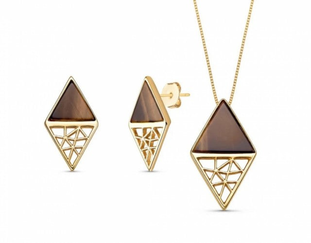 2025 Brazil Gem Double Triangles 18K Gold Plated Necklace & Earring Set w/ Natural Tigers Eye Gemstones