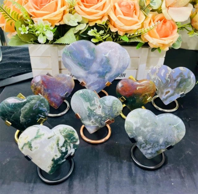 Supervakre, ekstra store ( 80-90mm ) MOSS Agate Hearts, Medium inkl. golden stand, Large