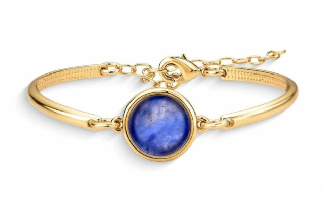 New 2025 Brazil Gem Round Sodalite 18K Gold Plated Bangle & Chain Bracelet w/ Natural Gemstones