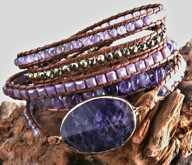 BOHO WRAP BRACELET 5 rader armbÅnd med stor Ametyst sten