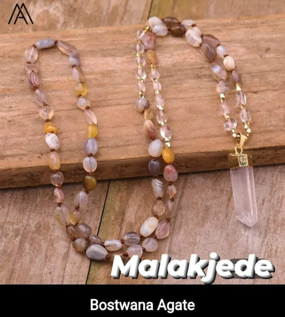 NYE MALA CRYSTAL KJEDER BOTSWANA AGATE m/Clear Quartz Spissanheng
