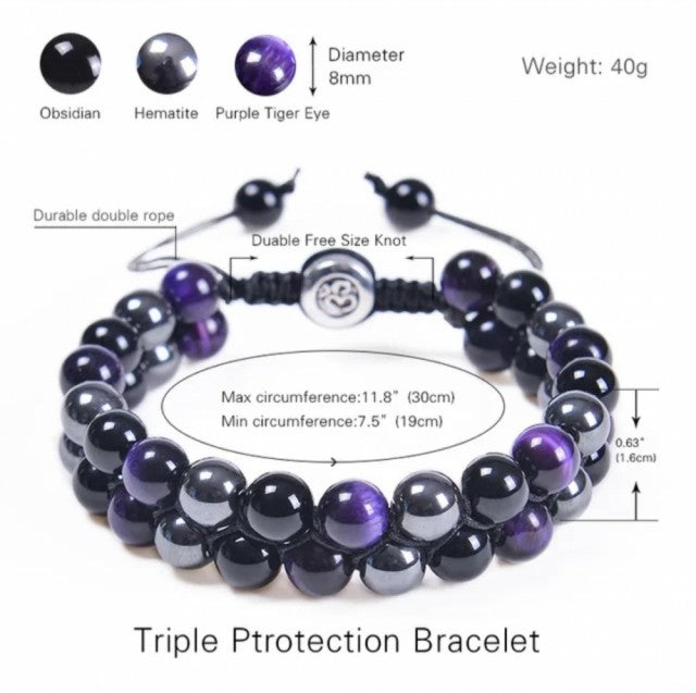 Nye Merkaba 2 rader Purple Tigerøye, sort Onyx og Hematitt armbÅnd, justerbare, 8mm kuler